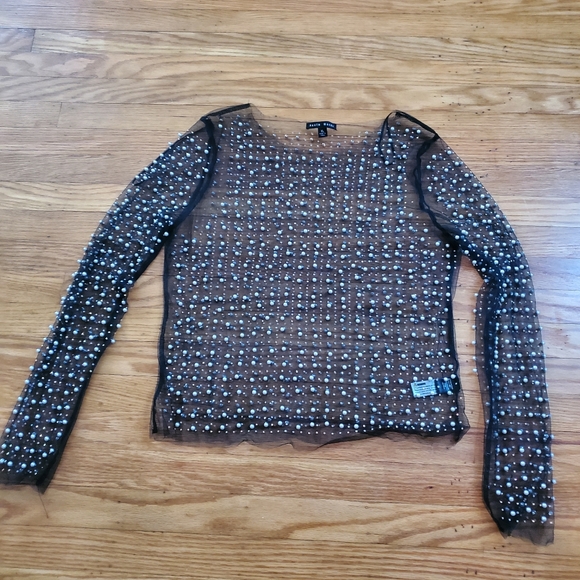 Mesh Rinestone Crop Top Embellished Sheer Black Long Sleeve Womens Sz Xl New - Picture 1 of 13